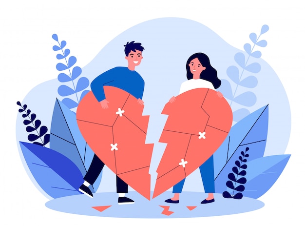 Premium Vector | Smiling couple restoring broken heart illustration