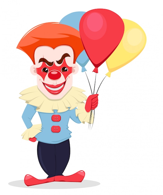 Smiling evil clown with air balloons. Premium Vector