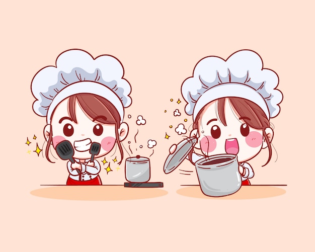 Smiling female chef. woman chef is cooking. hand drawn illustration