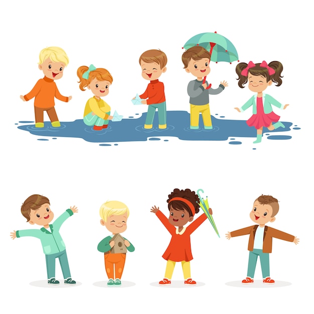 に向けて 水たまりで遊ぶ小さな子供たちの笑顔 子供のためのアクティブなレジャー 漫画の詳細なカラフルなイラスト プレミアムベクター