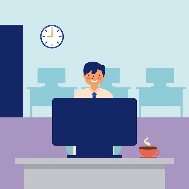 Smiling man working office daily activity Free Vector