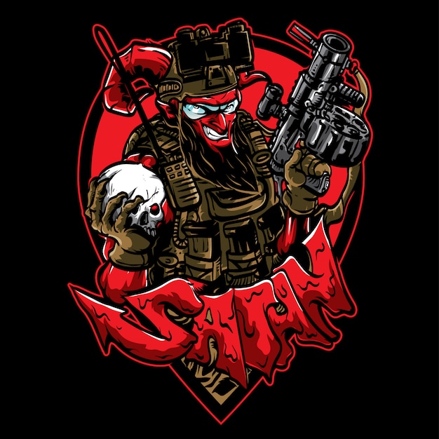 Premium Vector | Smiling satan with gun and skull