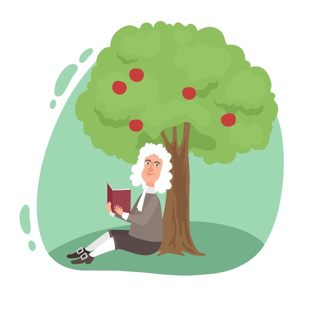  Smiling scientist newton reading book under tree apple on ground. vector illustration Premium Vecto