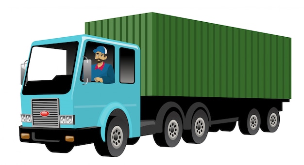 大きな貨物トラックを運転する笑顔のトラック運転手 プレミアムベクター