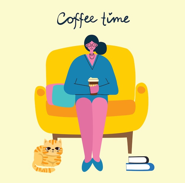 コーヒーを飲む笑顔の女性 コーヒータイム 休憩 リラクゼーションのコンセプトカード モダンなフラットデザインスタイルのイラスト プレミアムベクター