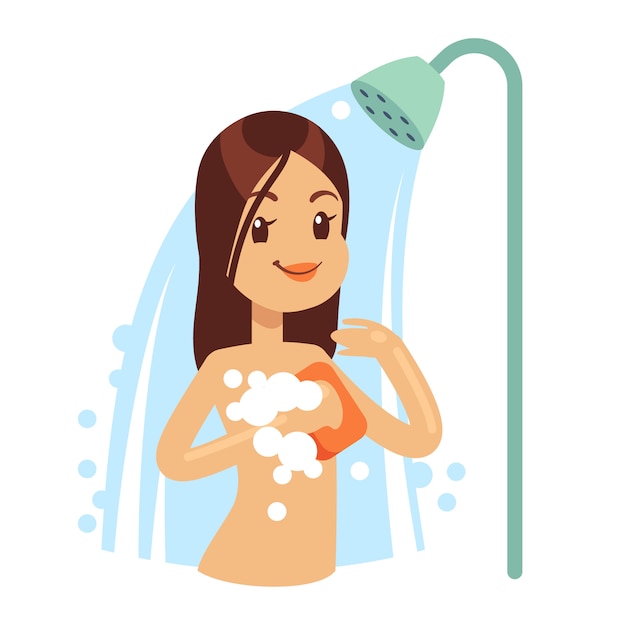 Smiling Woman Taking Water Shower In Bathroom Girl Regular Hygiene Vector Illustration Girl In