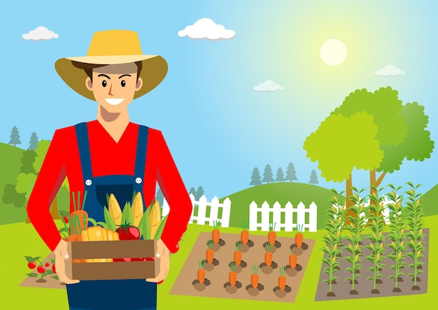 Premium Vector | Smiling young farmer holding box with organic vegetables.