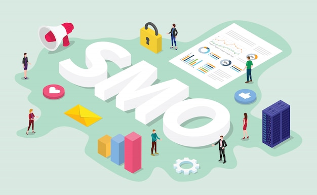 Smo social media optimization concept with team it digital work on business data analysis Premium Vector
