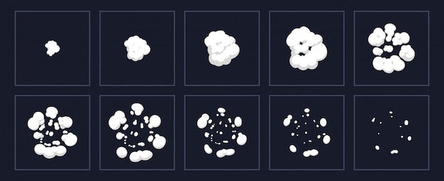 煙の爆発のアニメーション 漫画の爆発のアニメーションショット 雲のフレームを爆発させます 爆発効果絵コンテイラストセット ムーブメントパフエフェクト フラッシュモーションブーム プレミアムベクター
