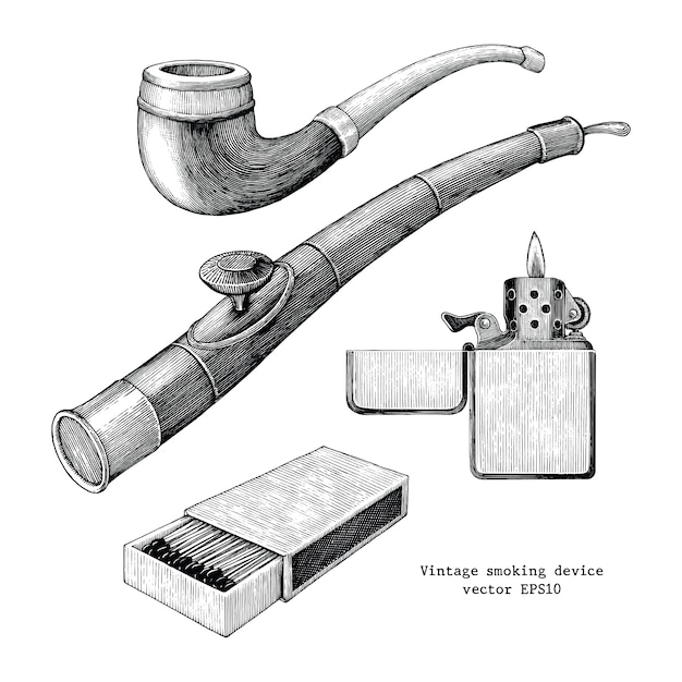 白い背景 タバコのパイプ アヘンパイプ マッチとライターのスケッチに分離されたヴィンテージを描く喫煙者デバイスの手 プレミアムベクター