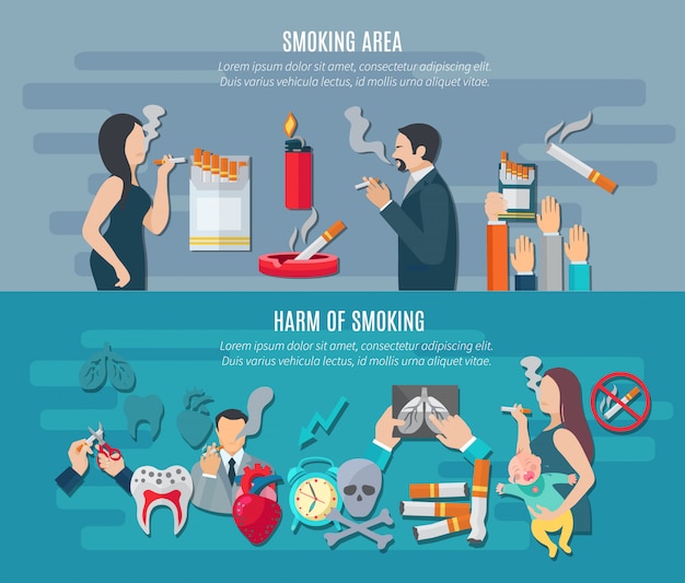 Smoking horizontal banner set with addiction hazard elements Free Vector