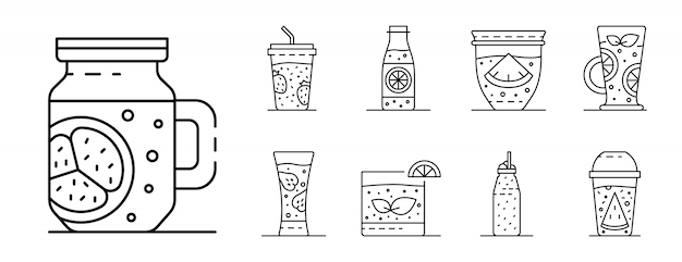Smoothie icon set, outline style Premium Vector