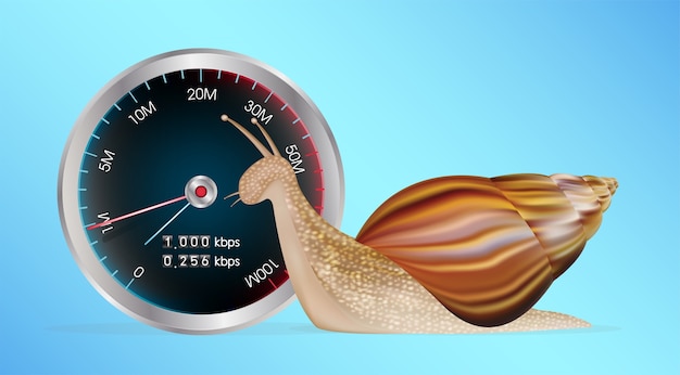 Snail with slow internet speed meter test Premium Vector