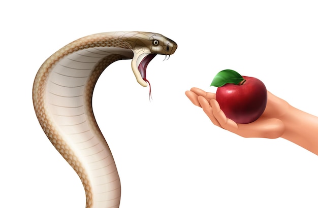 ヘビとリンゴのリアルな構図 シューという音を立てるコブラと果物のイラストを持っている人間の手 プレミアムベクター
