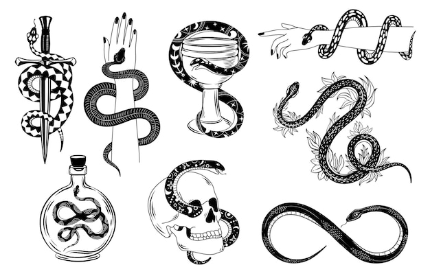 ヘビのタトゥー 手 頭蓋骨 短剣 ボウル 毒に包まれたオカルトヘビ 花の蛇のシルエット 神秘的な入れ墨のベクトルセット イラストタトゥーヘビ オカルトのシンボル プレミアムベクター