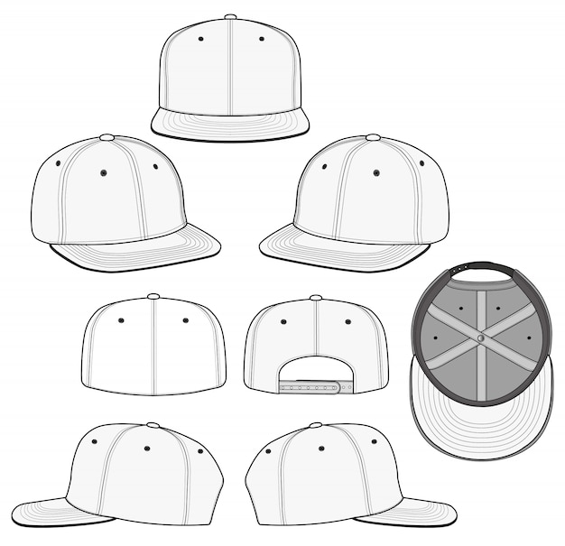 Snapback cap set fashion flat technical drawing | Premium Vector