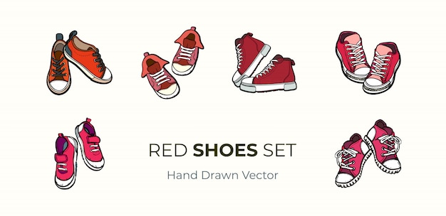 スニーカーの靴のペアが分離されました 赤い靴の手描きの背景イラストセット プレミアムベクター