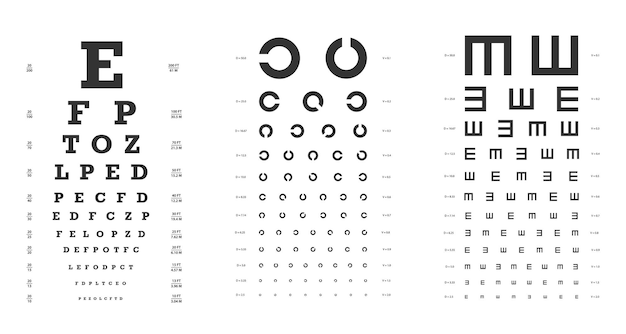  Snellen, landoldt c, golovin-sivtsev s charts for vision tests. ophthalmic test poster template. fl