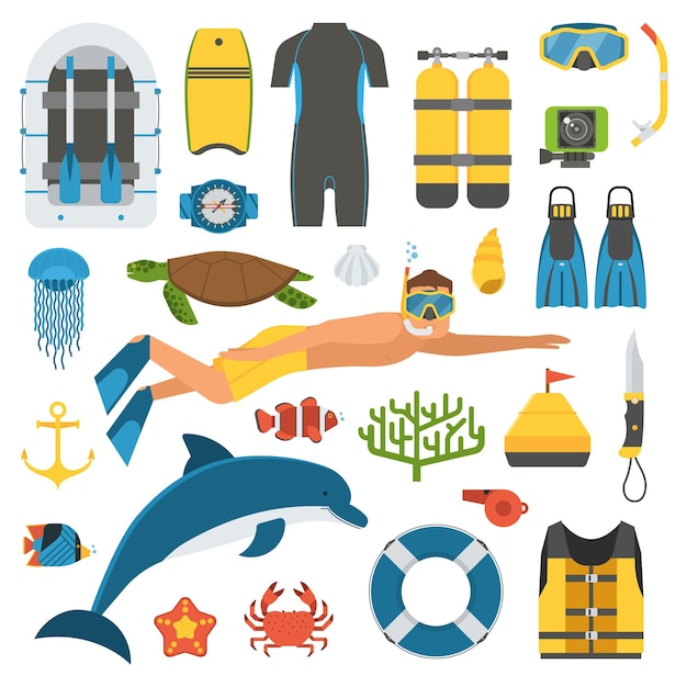 Premium Vector | Snorkeling and skin diving elements set including ...