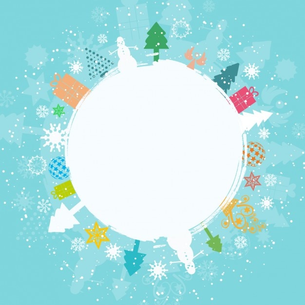 Snow ball and colored gifts on blue\
background