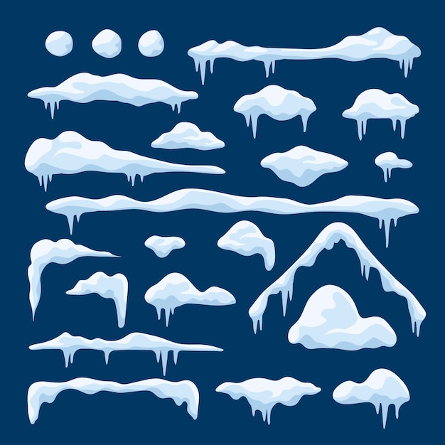  Snow caps set. snowdrifts, snowballs, snow roof,icicles collection in cartoon style. winter snowy e