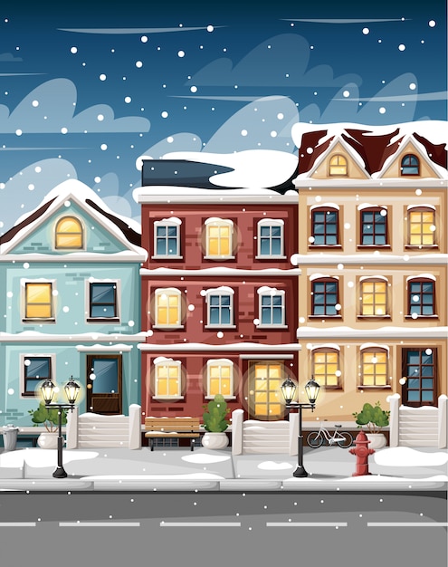 Premium Vector Snow Covered Street With Colorful Houses Fire Hydrant Lights Bench And Bushes In Vases Cartoon Style Illustration Website Page And Mobile App