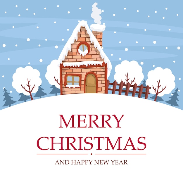 Premium Vector | Snow landscape design with house for merry christmas card