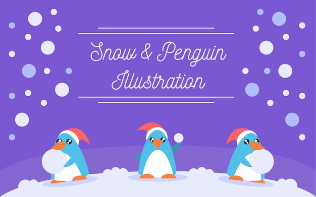 雪とペンギンのイラスト壁紙 プレミアムベクター