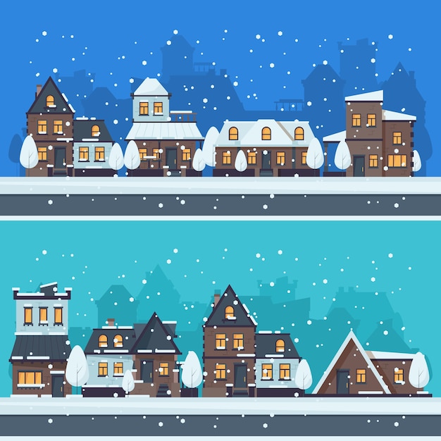 雪の冬の街 季節の家の休日の建物のベクトルの風景と都市の風景 イラストストリートアーバンハウス 冬の季節のストリート プレミアムベクター