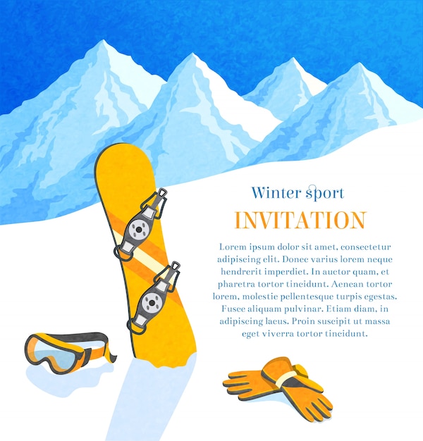 スノーボード 冬 山 風景 レトロ 招待状 フレーム ベクトル イラスト 無料のベクター