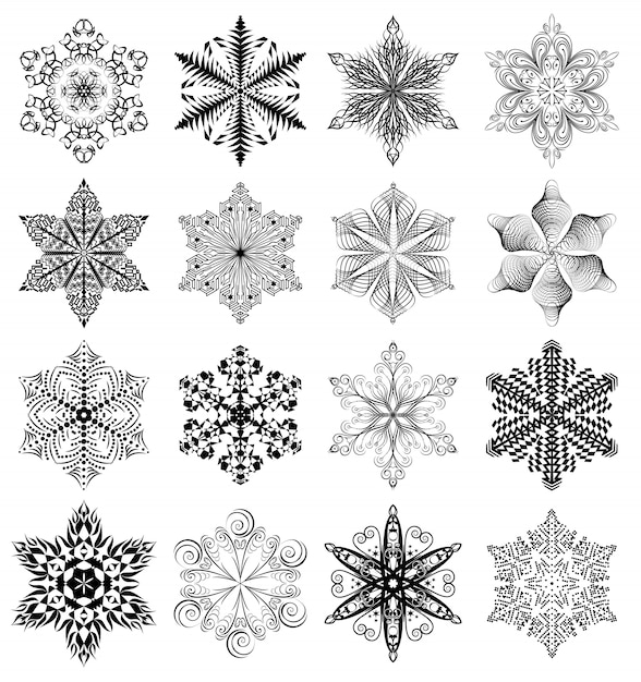 Snowflake set, black ornaments isolated on white background Premium Vector