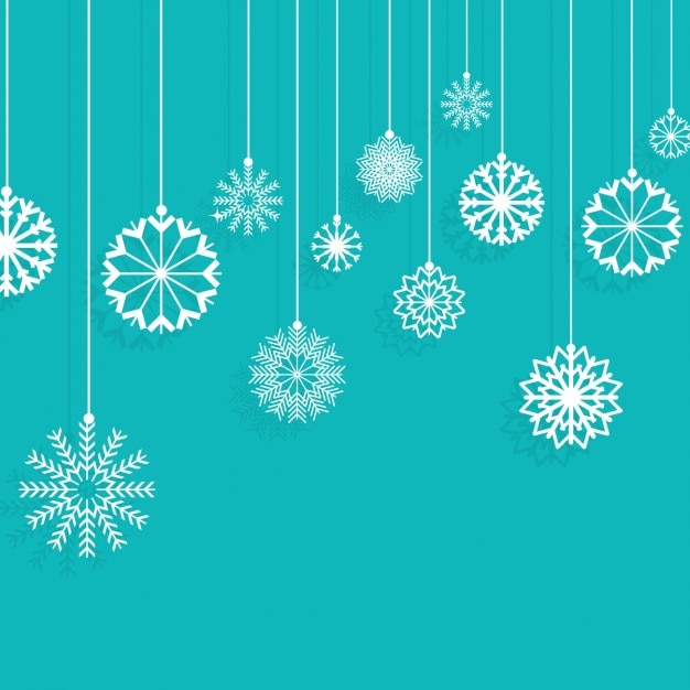 Snowflakes hanging on a turquoise\
background