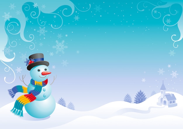 Premium Vector Snowman Christmas Card Cartoon Winter Landscape