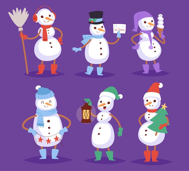 雪だるまかわいい漫画冬クリスマスキャラクター男休日メリークリスマス雪の男の子と女の子のイラスト プレミアムベクター