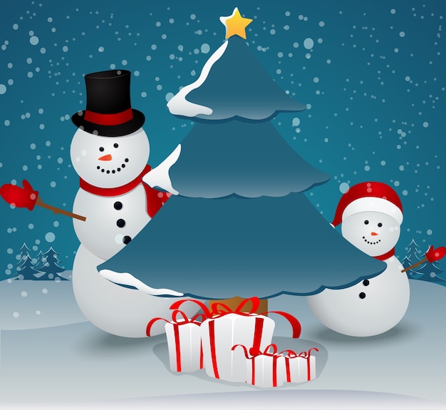 Download Snowman family in christmas winter scene with sign | Premium Vector