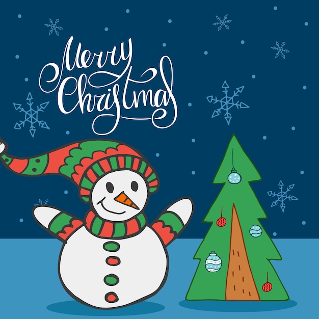 Christmas 2022 Doodle Premium Vector | A Snowman In A Red And Green Hat And Scarf On The  Background Of Falling Snowflakes And Christmas Tree With Toys. Handwritten  Lettering - Merry Christmas. Happy New Year