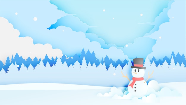 Snowman and winter landscape with paper art style and pastel color scheme Premium Vector