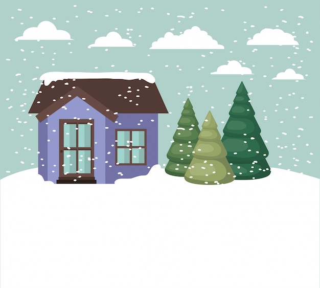 かわいい家と雪景色 無料のベクター