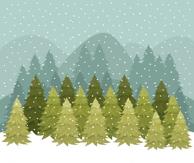 Snowscape with pines forest scene Premium Vector