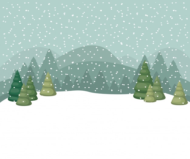 Snowscape with pines forest scene Premium Vector