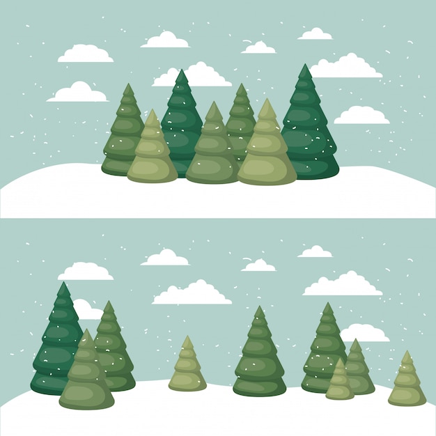 Snowscape with pines forest scene Premium Vector
