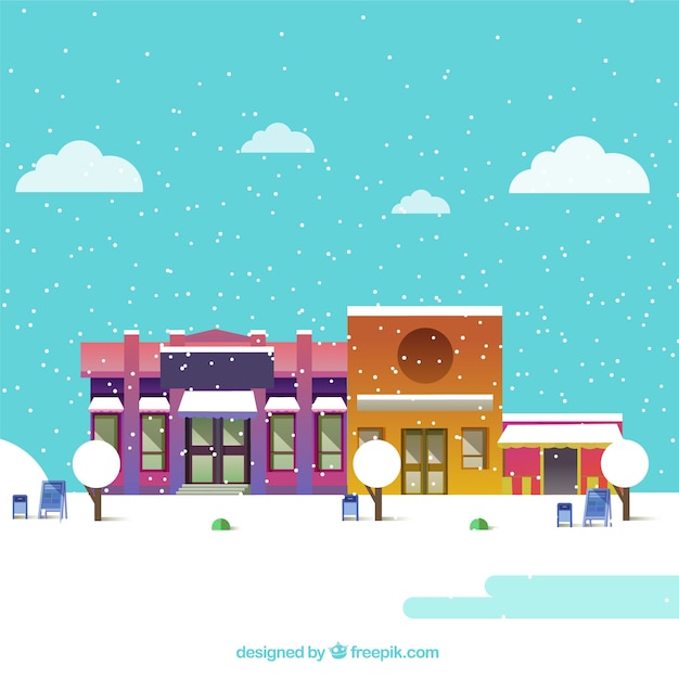 Snowy christmas town with a turquoise\
sky