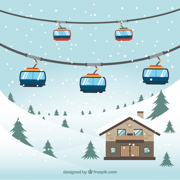 Snowy landscape background with cable
car
