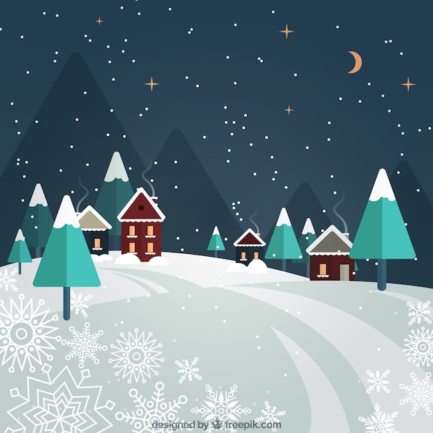 Free Vector | Snowy night landscape background with houses and pines