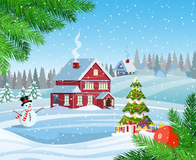 Premium Vector | Snowy village landscape