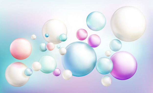 Soap bubbles or opaque colorful glossy spheres randomly flying on rainbow colored defocused. Free Vector