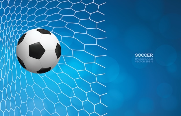 Premium Vector Soccer Ball In Goal Football Ball And White Net With Blue Background