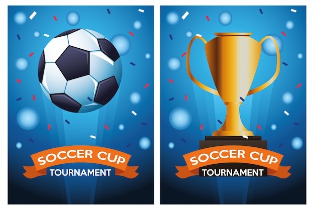 バルーンとトロフィーのベクトルイラストデザインのサッカーカップトーナメントポスター プレミアムベクター