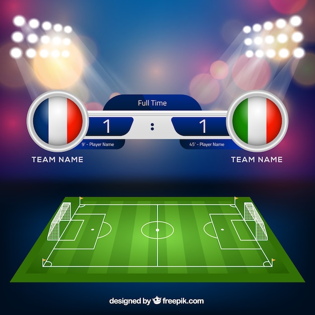 Soccer field background with scoreboard in
realistic style