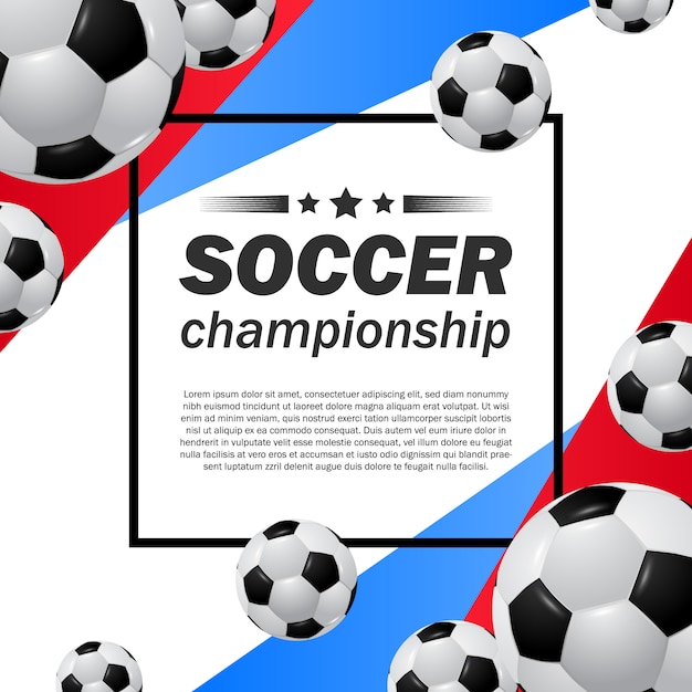 現実的なボールと青赤い色のサッカーサッカーリーグカップ選手権ポスターテンプレート プレミアムベクター